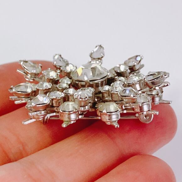VTG 50s 60s Rhinestone Starburst Brooch Silver Tone Mid Century Pin - Picture 4 of 10